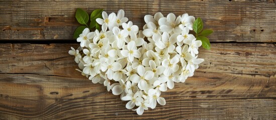 Wall Mural - Heart shaped white flowers on wooden surface perfect for design projects with copy space image Top view