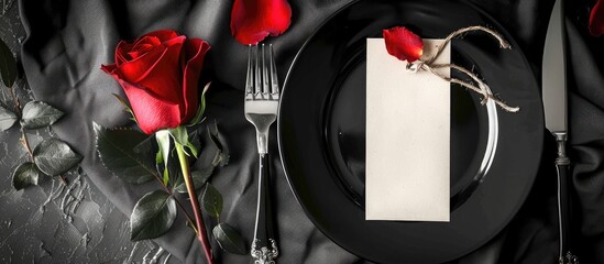 Poster - Top view of an elegant black and white table setting with plates on linen featuring a blank label red rose and silverware creating a visually appealing copy space image