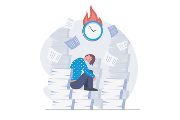 Wall Mural - Deadline concept in modern flat design for web. Overworked employee doing paperwork and getting many tasks, trying hurry to time, getting stress, burnout at work and job anxious. Vector illustration.