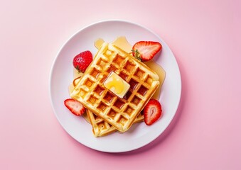 A stack of maple honey syrup waffle desserts with butter, raspberry and strawberry fruits, with powder sugar scattered on a pastel pink table, with a copy text space in the top flat lay.