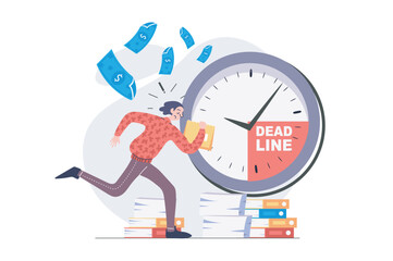 Wall Mural - Deadline concept in modern flat design for web. Anxious employee running with documents and trying hurry to time, solving problems and urgent tasks, doing paperwork at work. Vector illustration.