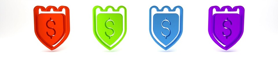 Poster - Colorful Shield with dollar symbol icon isolated on white background. Security shield protection. Money security concept. Minimalism concept. 3D render illustration