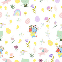 Wall Mural - Vector Seamless Pattern with Funny Cats and Easter Elements