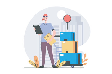 Wall Mural - Delivery concept in modern flat design for web. Courier with clipboard shipping parcels and moving cardboard boxes. Fast transportation company and postal logistics service. Vector illustration.