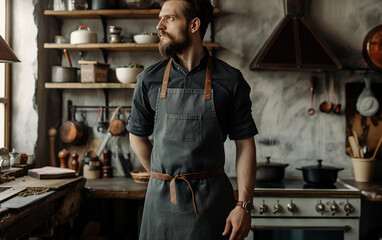 Wall Mural - Chef kitchen apron. Chef cook in a uniform, kitchen apron, wearing protective apparel, culinary environment, food service setting, chef in kitchen interior, apron mock-up. Realistic style photo