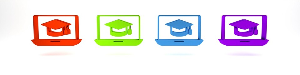 Wall Mural - Colorful Graduation cap on screen laptop icon isolated on white background. Online learning or e-learning concept. Minimalism concept. 3D render illustration