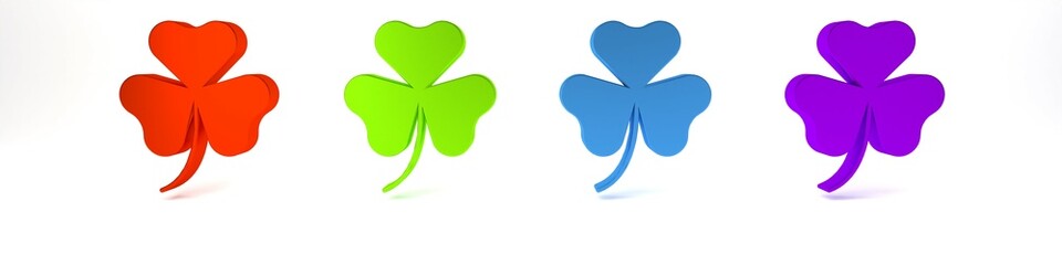 Wall Mural - Colorful Clover trefoil leaf icon isolated on white background. Happy Saint Patricks day. National Irish holiday. Minimalism concept. 3D render illustration