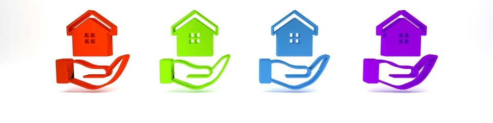 Colorful House in hand icon isolated on white background. Insurance concept. Security, safety, protection, protect concept. Minimalism concept. 3D render illustration