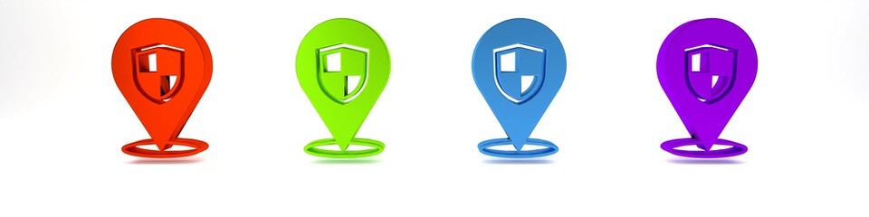 Poster - Colorful Location shield icon isolated on white background. Insurance concept. Guard sign. Security, safety, protection, privacy concept. Minimalism concept. 3D render illustration