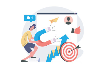 Poster - Digital marketing concept in modern flat design for web. Man with magnet using online promotion tools for targeting new audience, making social media advertisement with content. Vector illustration.