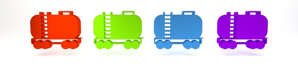 Colorful Oil railway cistern icon isolated on white background. Train oil tank on railway car. Rail freight. Oil industry. Minimalism concept. 3D render illustration