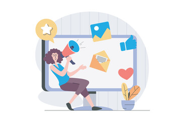 Poster - Digital marketing concept in modern flat design for web. Woman with megaphone making announcement and promotion for audience, making social media advertisement and email mailing. Vector illustration.