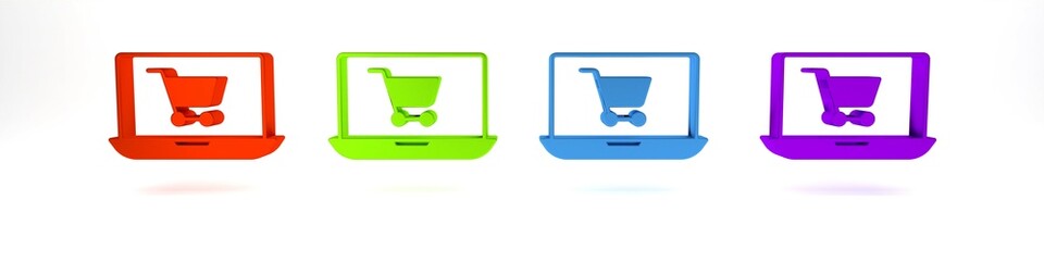 Sticker - Colorful Shopping cart on screen laptop icon isolated on white background. Concept e-commerce, e-business, online business marketing. Minimalism concept. 3D render illustration