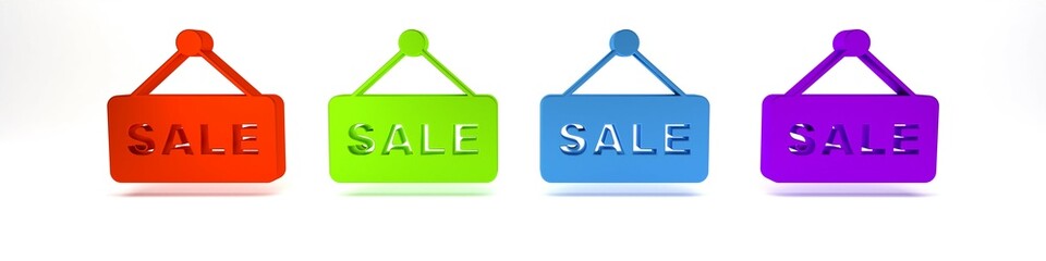 Sticker - Colorful Hanging sign with text Sale icon isolated on white background. Signboard with text Sale. Minimalism concept. 3D render illustration