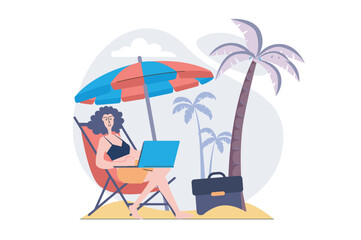 Poster - Freelance concept in modern flat design for web. Woman freelancer working online while sitting at armchair at tropical beach resort, doing tasks distantly, relaxing at vacation. Vector illustration.