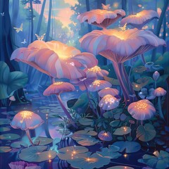 Wall Mural - whimsical forest glade filled with oversized bioluminescent mushrooms and giant lily pads fireflies dance around iridescent flowers in a dreamy pastelhued landscape