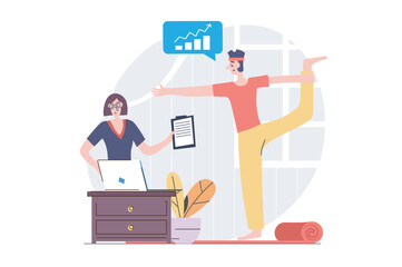 Wall Mural - Freelance concept in modern flat design for web. Man freelancer working online while doing yoga training, making distant tasks and analyzing graphs, connecting with manager. Vector illustration.