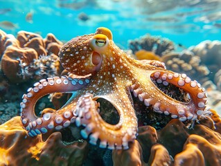 Wall Mural - Vibrant Octopus Navigating Through Captivating Coral Formations in the Underwater Ocean Ecosystem