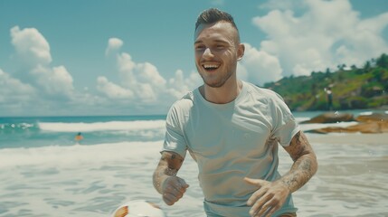 Cheerful man in casual attire plays beach soccer with crashing waves and sun-kissed sand backdrop