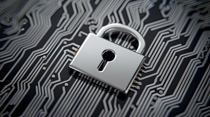 Poster - A closed padlock sits atop a dark blue circuit board with copper traces