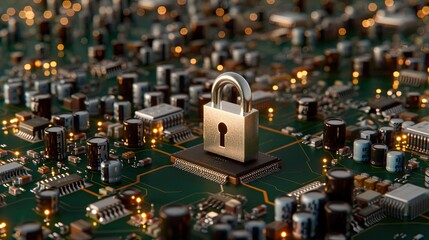 Poster - A closed padlock sits atop a dark blue circuit board with copper traces