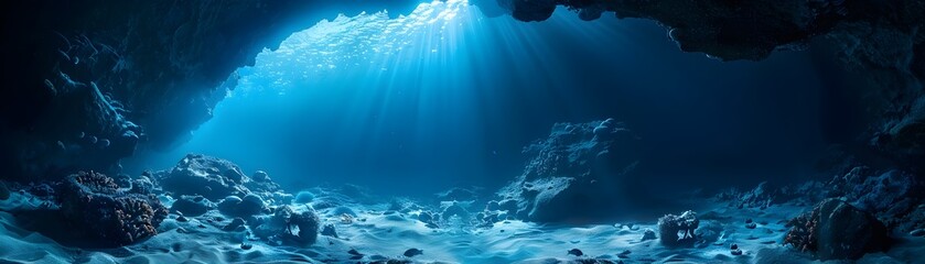 Poster - Mysterious Bioluminescent Underwater Cave Illuminated by Glowing Algae in the Ocean