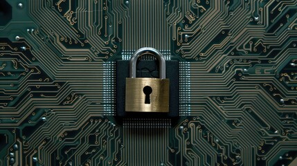 Poster - A closed padlock sits atop a dark blue circuit board with copper traces