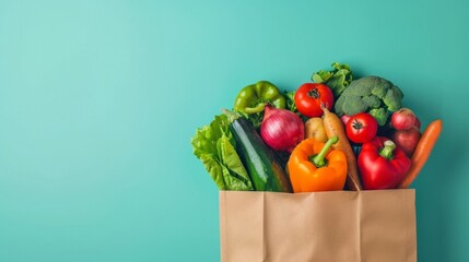 Poster - Fresh vegetables in a paper grocery bag against a teal background. Vibrant colors and healthy produce. Ideal for promoting healthy eating, market, or grocery store advertisements. AI