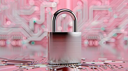 Poster - A closed padlock sits atop a dark blue circuit board with copper traces