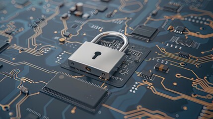 Poster - A closed padlock sits atop a dark blue circuit board with copper traces