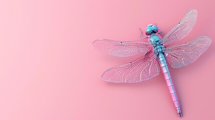 Wall Mural - A 3D-rendered pink and blue dragonfly with translucent wings, on a pink background.