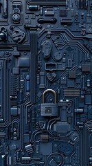 Poster - A closed padlock sits atop a dark blue circuit board with copper traces