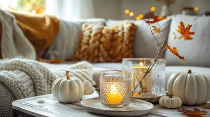 Wall Mural - Cozy living room with fall decor: glassware, small white pumpkins, candle, and autumn leaf vase.