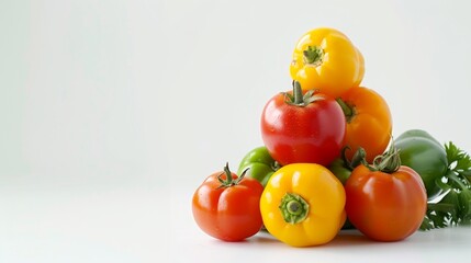 Poster - Colorful ripe bell peppers on a clean white background. This is a conceptual image of fresh vegetables stacked in a pyramid style. The purpose is to highlight their freshness and variety. AI