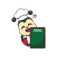 Wall Mural - Cute chef ladybug with menu board cartoon vector illustration