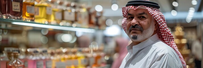 Wall Mural - Portrait of a Man in Traditional Arabic Clothing in a Perfume Shop - Photograph