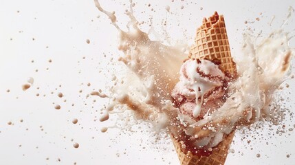 Closeup view of exploding tasty cone ice cream.