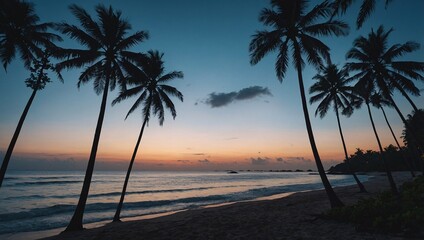 Wall Mural - Palm Paradise Sunset: Tranquil beach scene at dusk, with silhouetted palm trees framing a vibrant sunset over the ocean. 