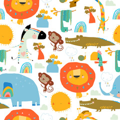 Wall Mural - Vector Seamless Pattern with Cartoon Wild Animals on White Background