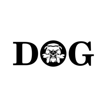 The word DOG with a dog logo in the center. Minimalist black and white logo illustration for business, company, clinic, education, poster, banner, symbol, sticker, tattoo, web, internet, social media