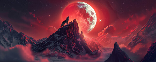 a wolf standing tall on a mountain peak, howling at the blood moon during a lunar eclipse. the moon'