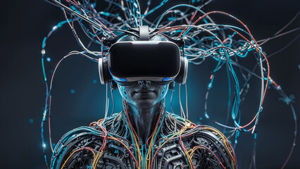 Robot, wires, digital code, virtual reality