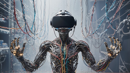 Robot, wires, digital code, virtual reality