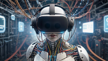 Robot, wires, digital code, virtual reality