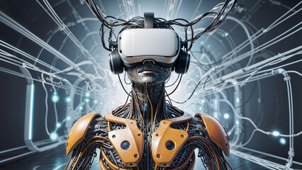 Robot, wires, digital code, virtual reality