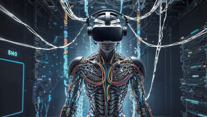 Robot, wires, digital code, virtual reality