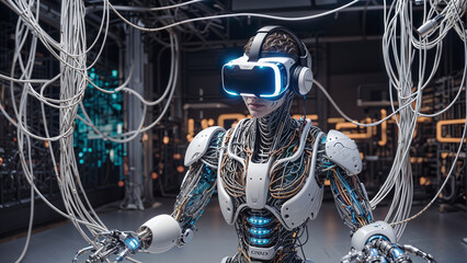Robot, wires, digital code, virtual reality