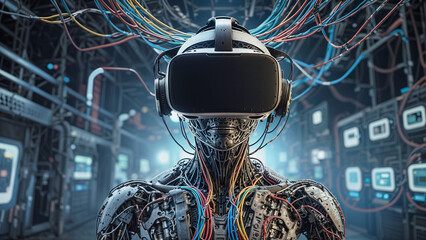 Robot, wires, digital code, virtual reality