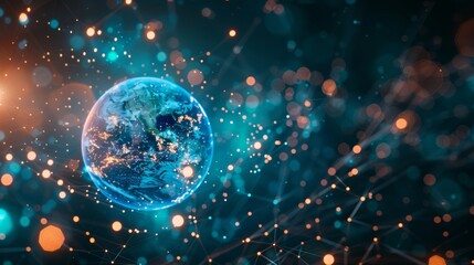 Poster - Digital data flow motion around earth globe. Communication technology global world network concept. Futuristic technology background with light effects.