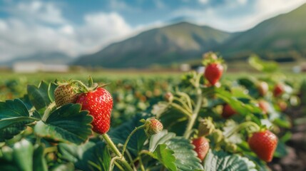 strawberry plant with fruit in plantation farm field